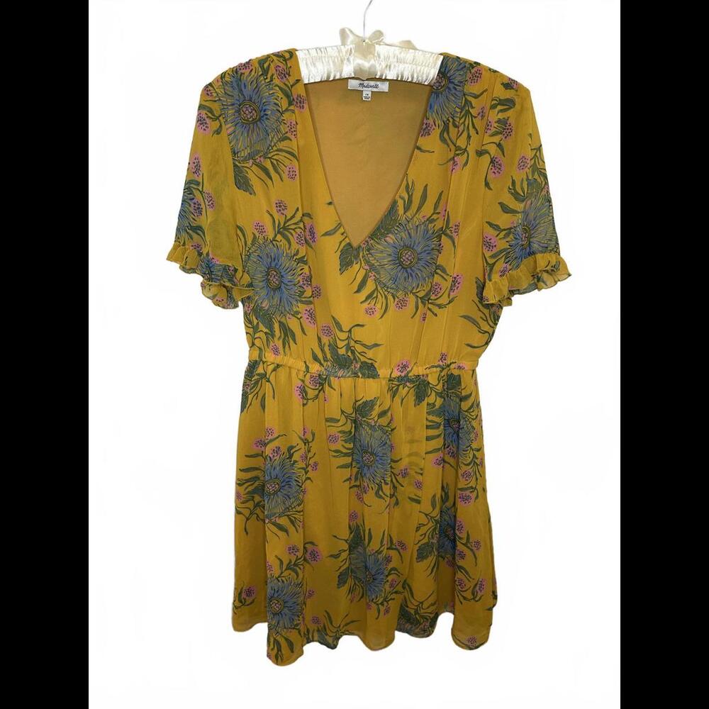 Madewell Mustard Floral Midi Dress with Blue & Pink Accents